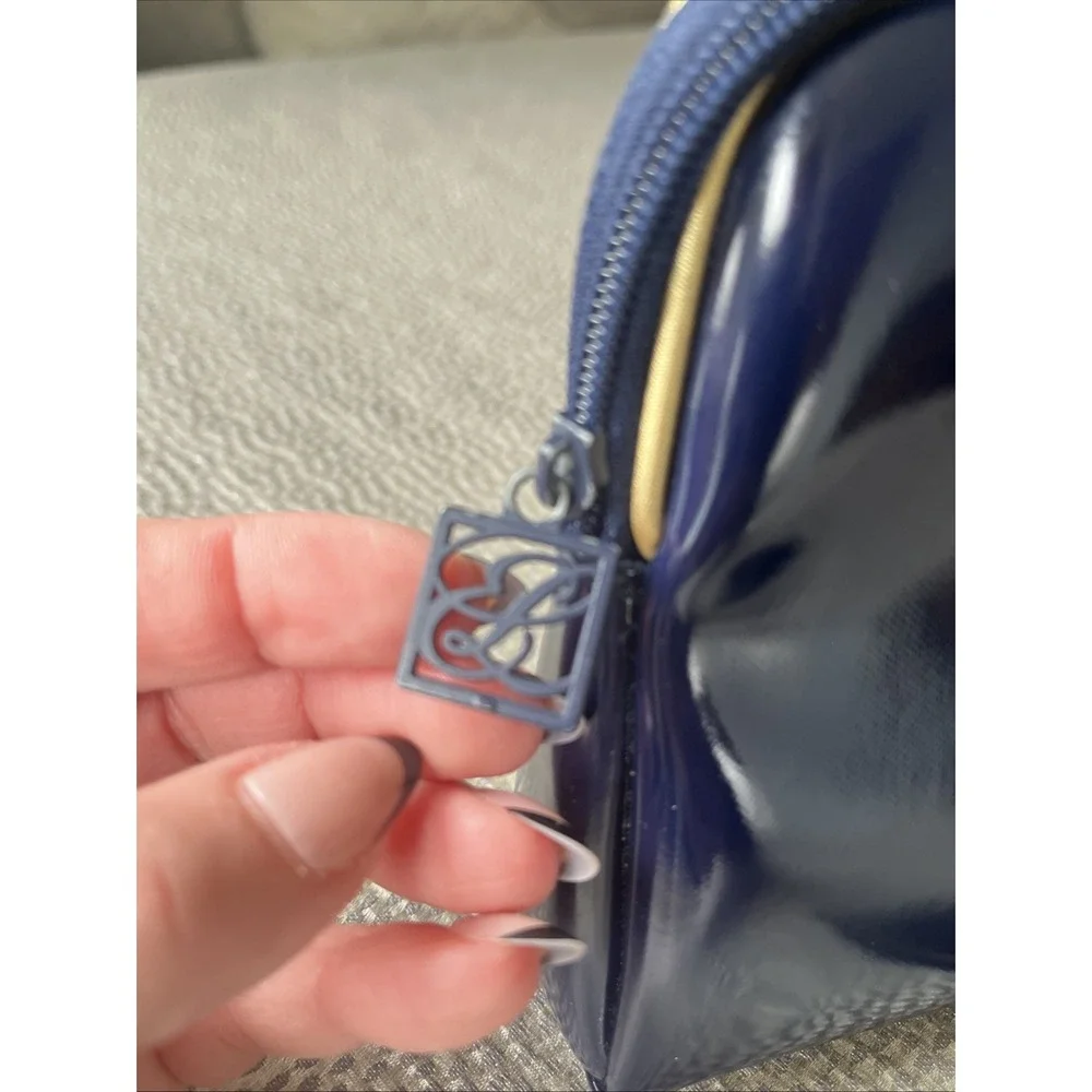 Vintage Estée Lauder Classic Navy Blue Gold Travel Bag Makeup Bag Compact Mirror